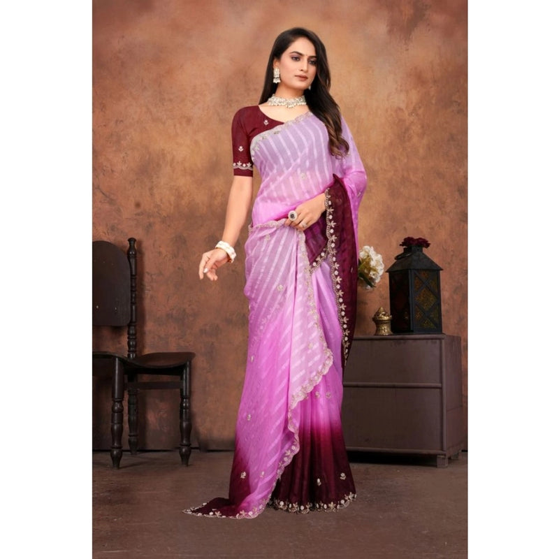 Mayawye Women's Chiffon Embroidred Saree With Unstitched Blouse 5.5Mtr (Pink)
