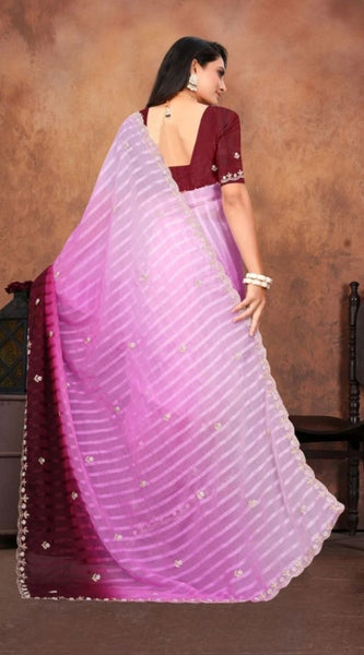 Mayawye Women's Chiffon Embroidred Saree With Unstitched Blouse 5.5Mtr (Pink)