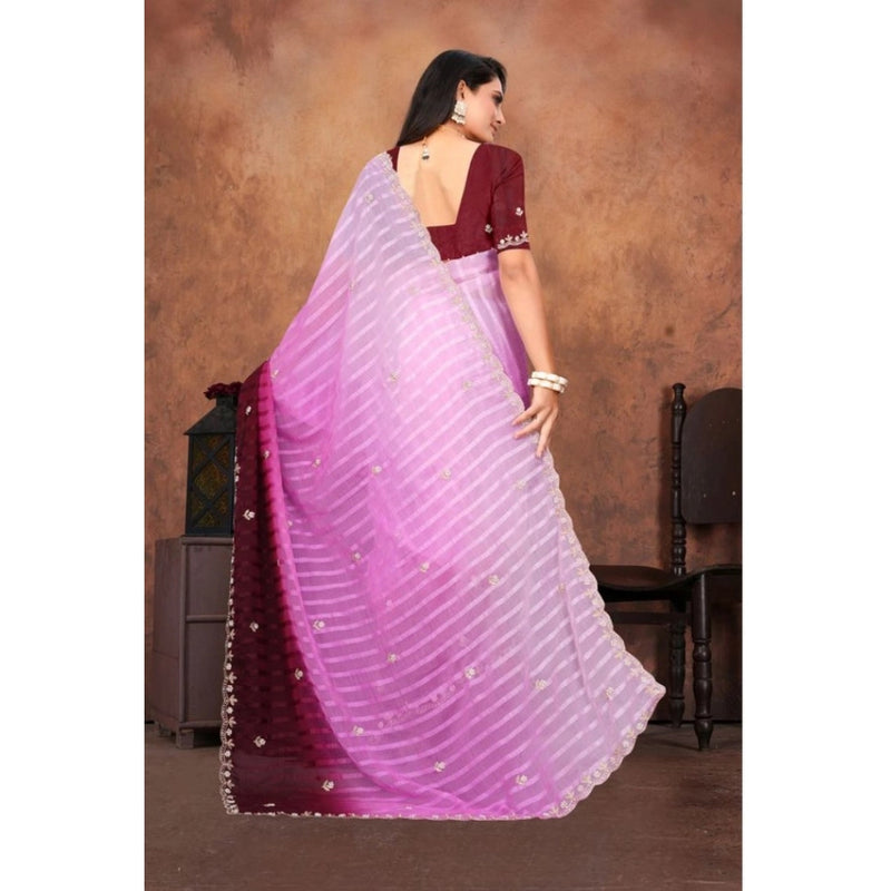 Mayawye Women's Chiffon Embroidred Saree With Unstitched Blouse 5.5Mtr (Pink)