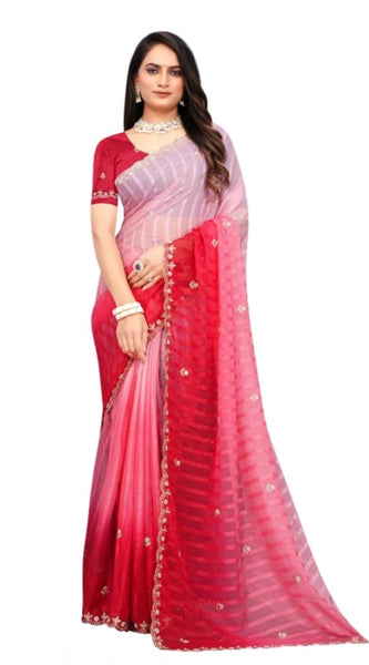 Mayawye Women's Chiffon Embroidred Saree With Unstitched Blouse 5.5Mtr (Pink)