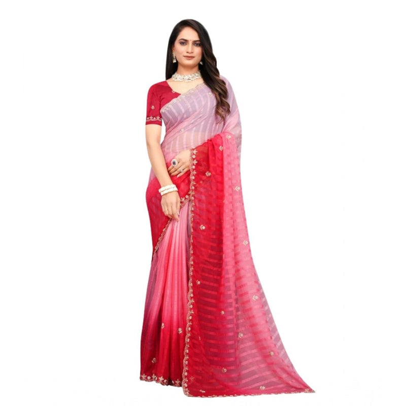 Mayawye Women's Chiffon Embroidred Saree With Unstitched Blouse 5.5Mtr (Pink)