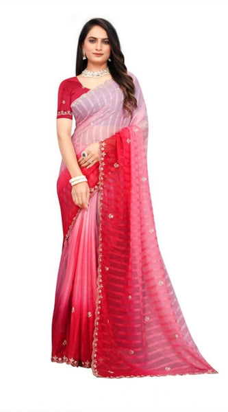 Mayawye Women's Chiffon Embroidred Saree With Unstitched Blouse 5.5Mtr (Pink)