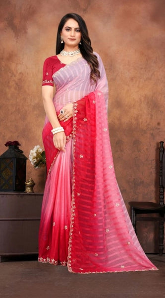 Mayawye Women's Chiffon Embroidred Saree With Unstitched Blouse 5.5Mtr (Pink)
