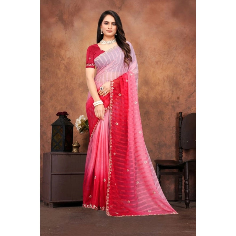 Mayawye Women's Chiffon Embroidred Saree With Unstitched Blouse 5.5Mtr (Pink)
