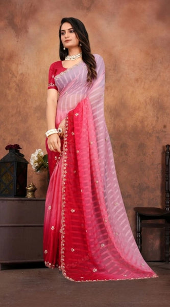 Mayawye Women's Chiffon Embroidred Saree With Unstitched Blouse 5.5Mtr (Pink)