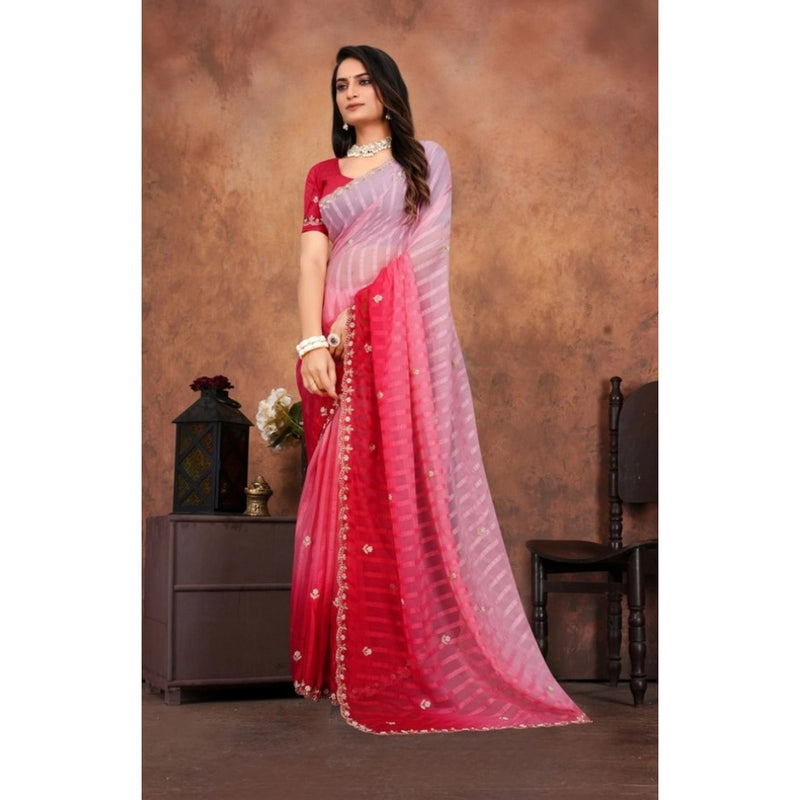 Mayawye Women's Chiffon Embroidred Saree With Unstitched Blouse 5.5Mtr (Pink)