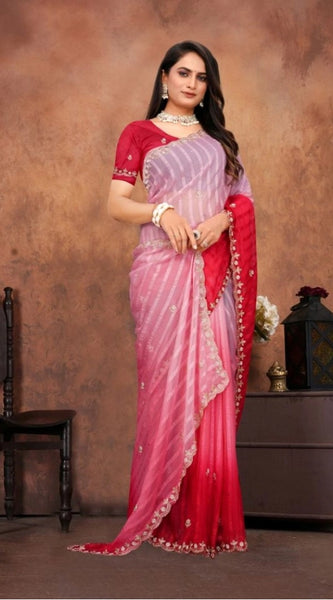 Mayawye Women's Chiffon Embroidred Saree With Unstitched Blouse 5.5Mtr (Pink)