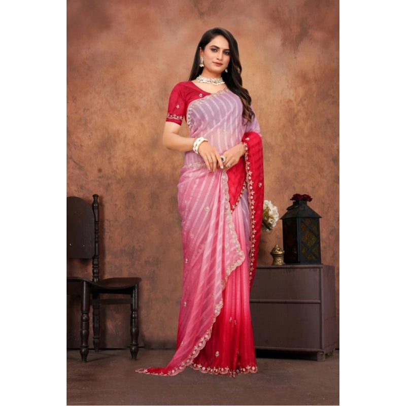 Mayawye Women's Chiffon Embroidred Saree With Unstitched Blouse 5.5Mtr (Pink)