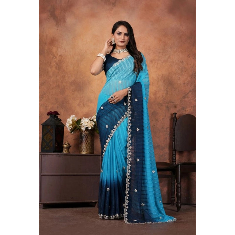 Mayawye Women's Chiffon Embroidred Saree With Unstitched Blouse 5.5Mtr (Light Blue)