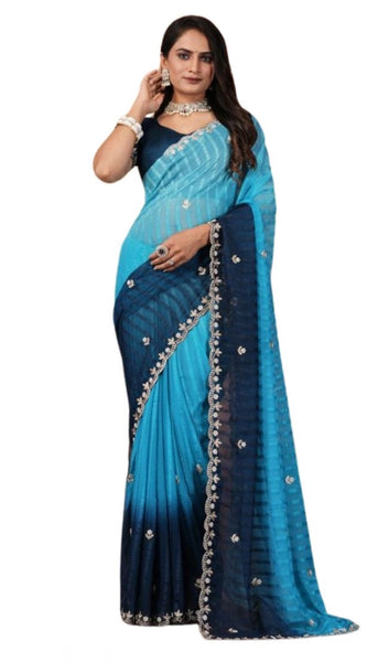 Mayawye Women's Chiffon Embroidred Saree With Unstitched Blouse 5.5Mtr (Light Blue)