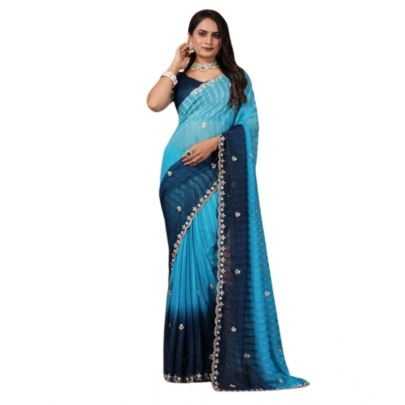 Mayawye Women's Chiffon Embroidred Saree With Unstitched Blouse 5.5Mtr (Light Blue)