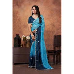 Mayawye Women's Chiffon Embroidred Saree With Unstitched Blouse 5.5Mtr (Light Blue)