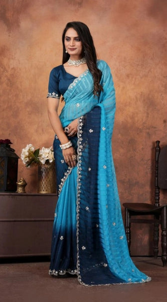 Mayawye Women's Chiffon Embroidred Saree With Unstitched Blouse 5.5Mtr (Light Blue)