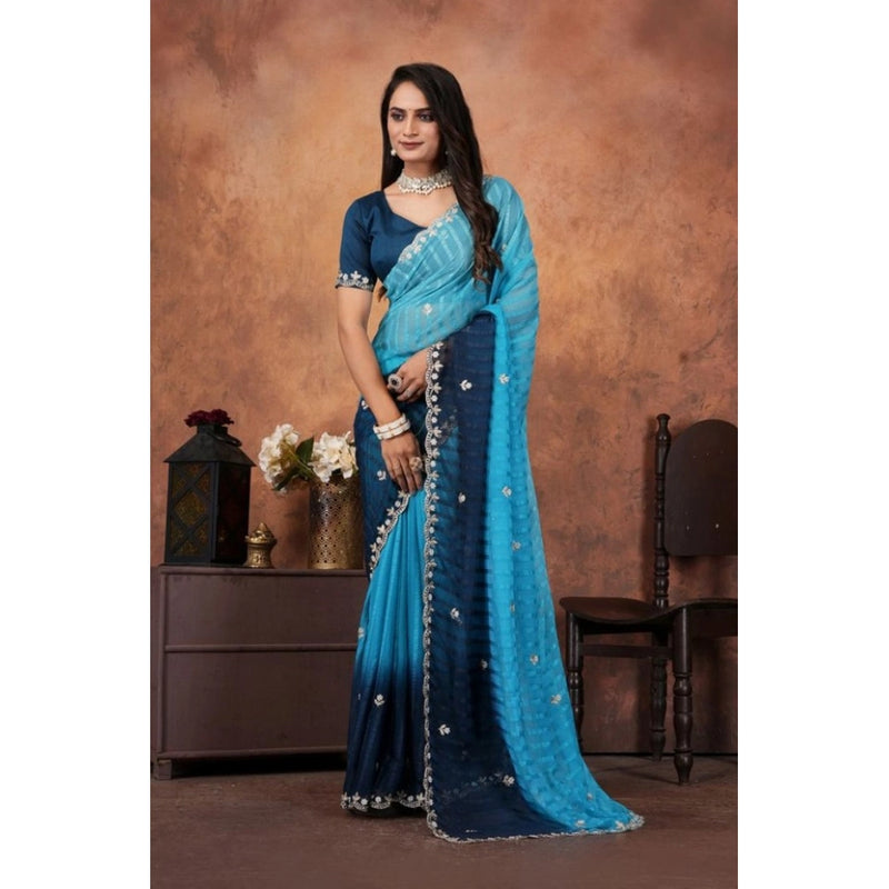 Mayawye Women's Chiffon Embroidred Saree With Unstitched Blouse 5.5Mtr (Light Blue)
