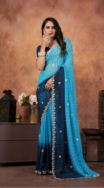 Mayawye Women's Chiffon Embroidred Saree With Unstitched Blouse 5.5Mtr (Light Blue)