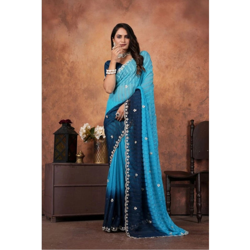 Mayawye Women's Chiffon Embroidred Saree With Unstitched Blouse 5.5Mtr (Light Blue)