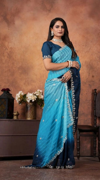Mayawye Women's Chiffon Embroidred Saree With Unstitched Blouse 5.5Mtr (Light Blue)