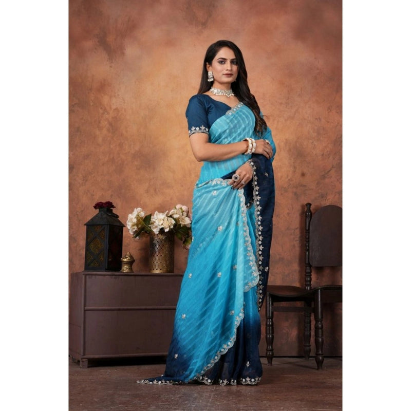 Mayawye Women's Chiffon Embroidred Saree With Unstitched Blouse 5.5Mtr (Light Blue)