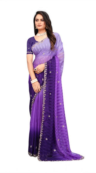 Mayawye Women's Chiffon Embroidred Saree With Unstitched Blouse 5.5Mtr (Purple)