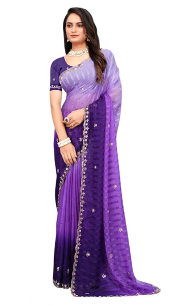 Mayawye Women's Chiffon Embroidred Saree With Unstitched Blouse 5.5Mtr (Purple)