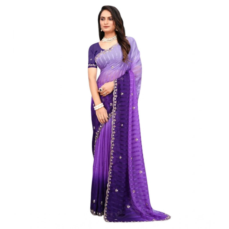 Mayawye Women's Chiffon Embroidred Saree With Unstitched Blouse 5.5Mtr (Purple)