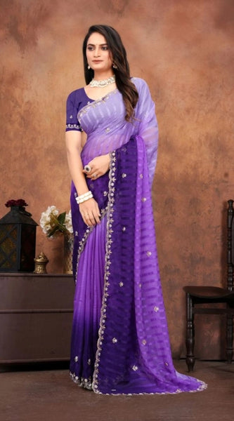 Mayawye Women's Chiffon Embroidred Saree With Unstitched Blouse 5.5Mtr (Purple)