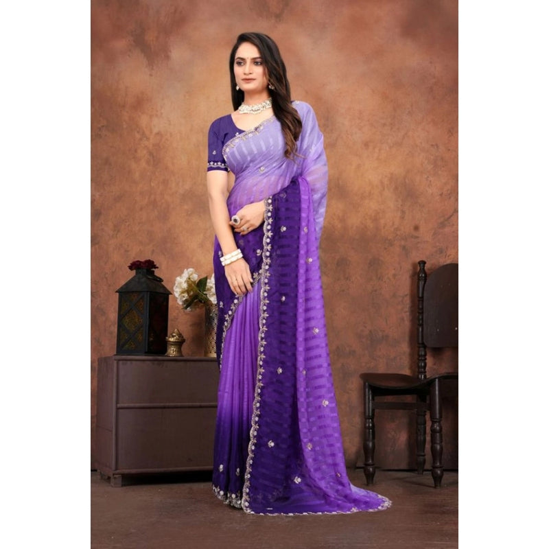 Mayawye Women's Chiffon Embroidred Saree With Unstitched Blouse 5.5Mtr (Purple)