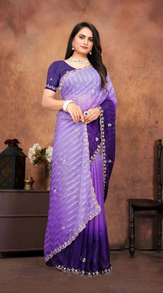 Mayawye Women's Chiffon Embroidred Saree With Unstitched Blouse 5.5Mtr (Purple)