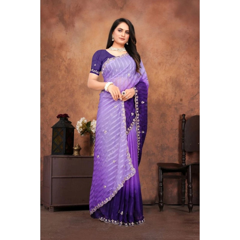 Mayawye Women's Chiffon Embroidred Saree With Unstitched Blouse 5.5Mtr (Purple)