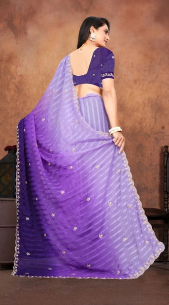 Mayawye Women's Chiffon Embroidred Saree With Unstitched Blouse 5.5Mtr (Purple)