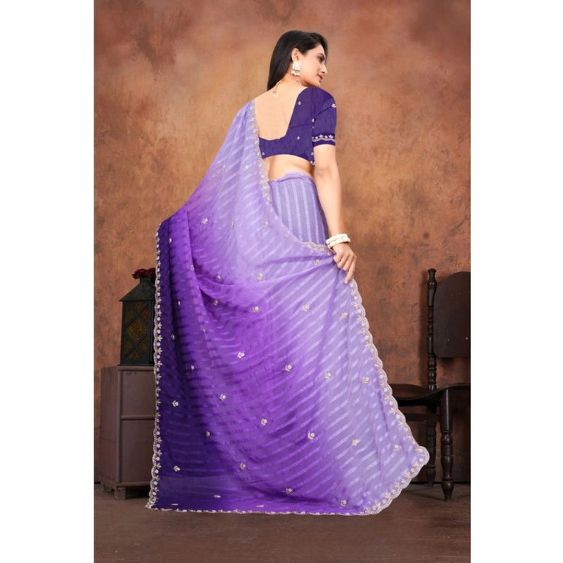 Mayawye Women's Chiffon Embroidred Saree With Unstitched Blouse 5.5Mtr (Purple)