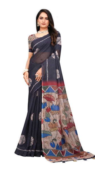 Mayawye Women's Linen Printed Saree With Unstitched Blouse 5.5Mtr (Black)