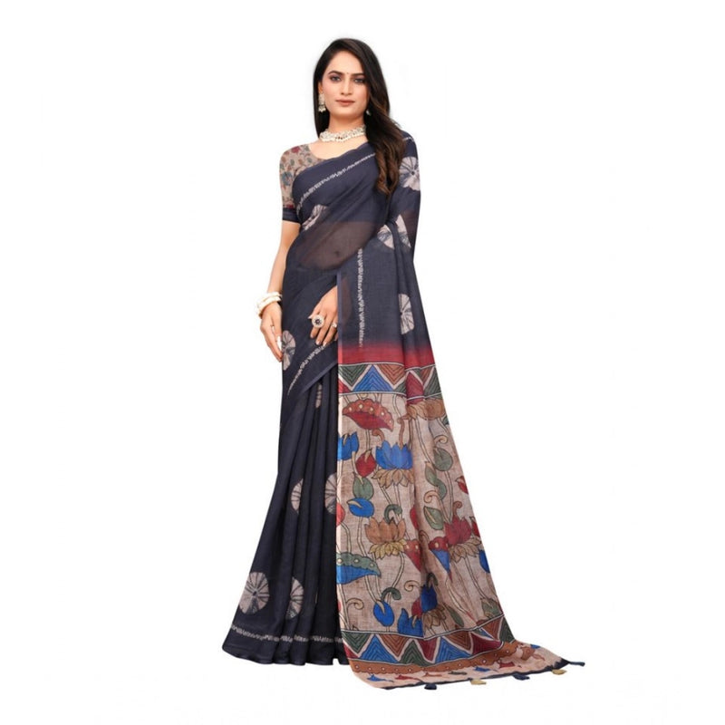 Mayawye Women's Linen Printed Saree With Unstitched Blouse 5.5Mtr (Black)