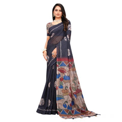Mayawye Women's Linen Printed Saree With Unstitched Blouse 5.5Mtr (Black)