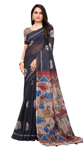 Mayawye Women's Linen Printed Saree With Unstitched Blouse 5.5Mtr (Black)