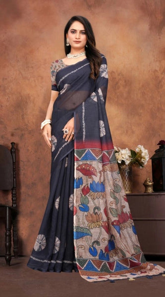 Mayawye Women's Linen Printed Saree With Unstitched Blouse 5.5Mtr (Black)