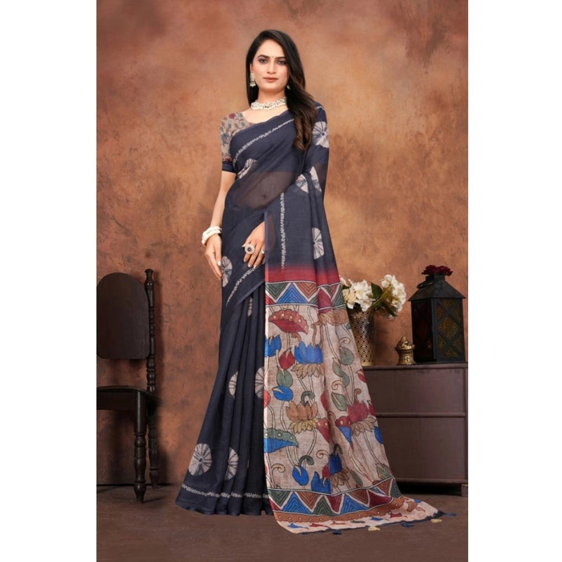 Mayawye Women's Linen Printed Saree With Unstitched Blouse 5.5Mtr (Black)