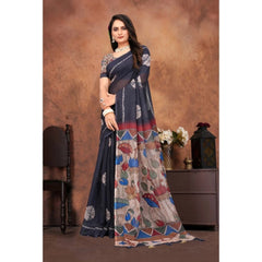 Mayawye Women's Linen Printed Saree With Unstitched Blouse 5.5Mtr (Black)