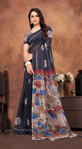 Mayawye Women's Linen Printed Saree With Unstitched Blouse 5.5Mtr (Black)