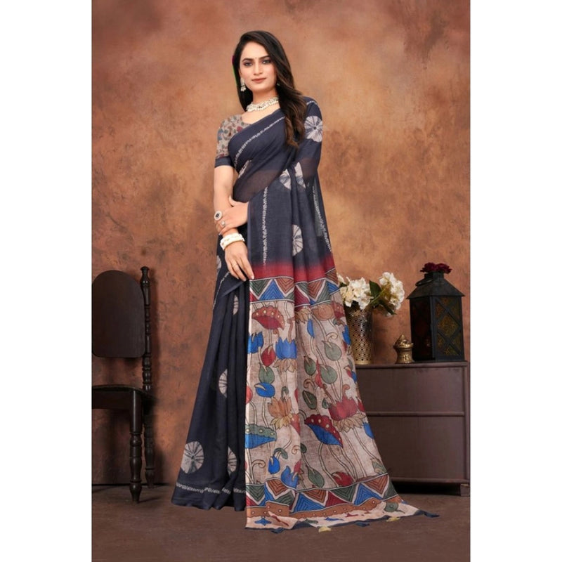 Mayawye Women's Linen Printed Saree With Unstitched Blouse 5.5Mtr (Black)