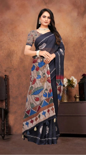 Mayawye Women's Linen Printed Saree With Unstitched Blouse 5.5Mtr (Black)