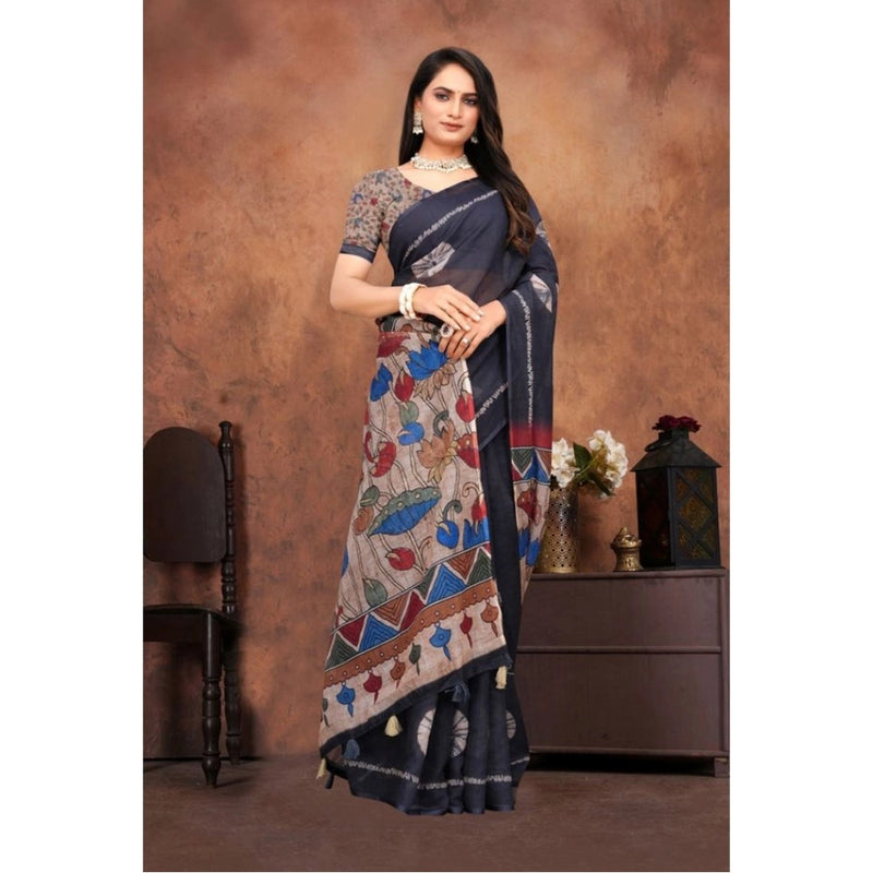Mayawye Women's Linen Printed Saree With Unstitched Blouse 5.5Mtr (Black)