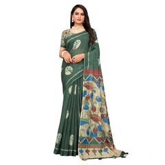 Mayawye Women's Linen Printed Saree With Unstitched Blouse 5.5Mtr (Dark Green)