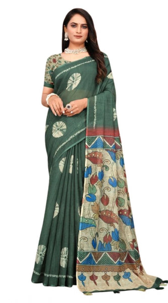 Mayawye Women's Linen Printed Saree With Unstitched Blouse 5.5Mtr (Dark Green)