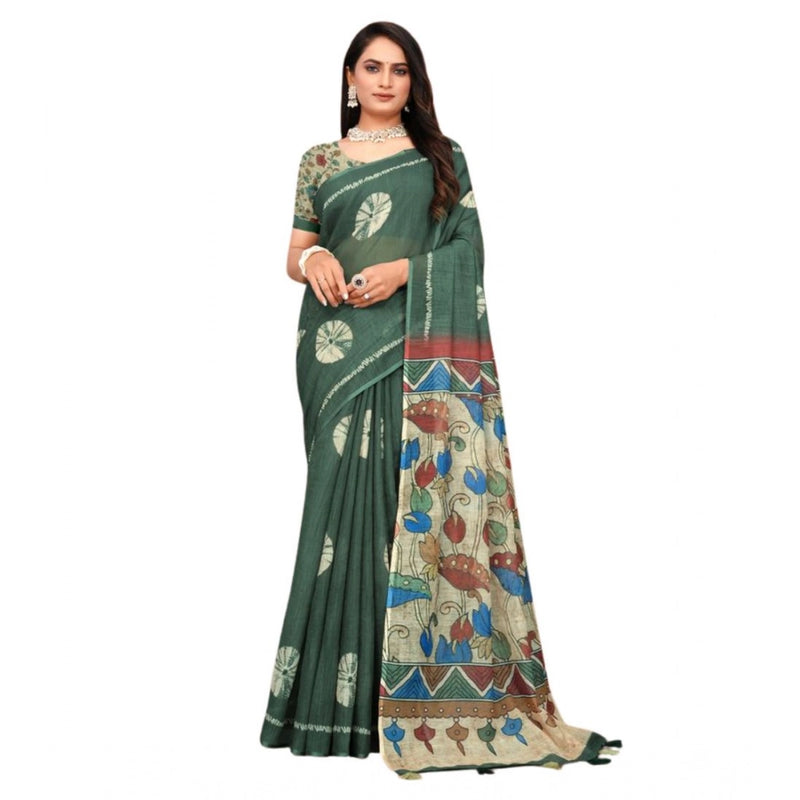 Mayawye Women's Linen Printed Saree With Unstitched Blouse 5.5Mtr (Dark Green)