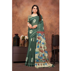 Mayawye Women's Linen Printed Saree With Unstitched Blouse 5.5Mtr (Dark Green)