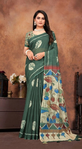 Mayawye Women's Linen Printed Saree With Unstitched Blouse 5.5Mtr (Dark Green)