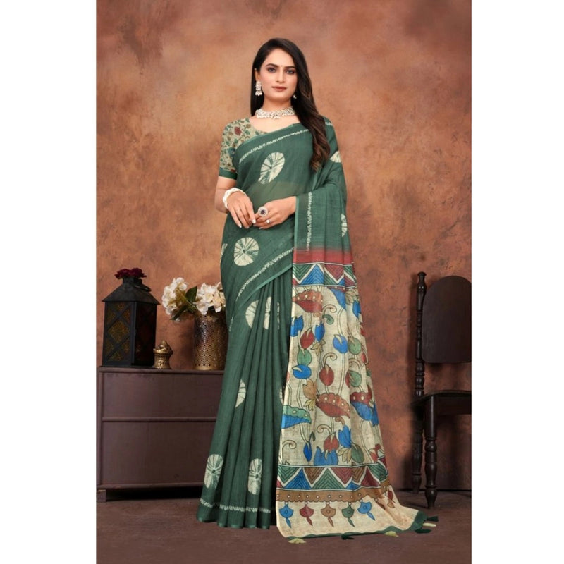 Mayawye Women's Linen Printed Saree With Unstitched Blouse 5.5Mtr (Dark Green)