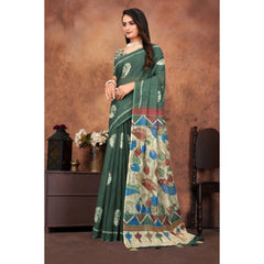 Mayawye Women's Linen Printed Saree With Unstitched Blouse 5.5Mtr (Dark Green)