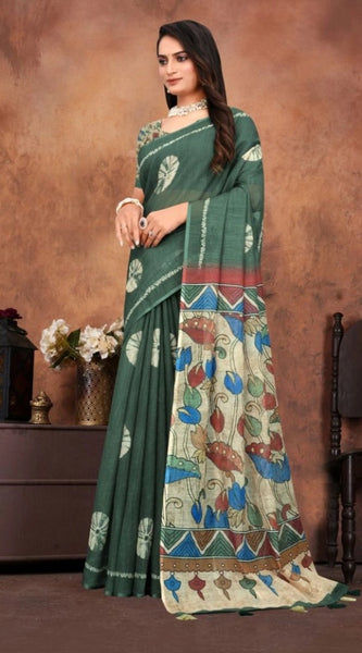 Mayawye Women's Linen Printed Saree With Unstitched Blouse 5.5Mtr (Dark Green)